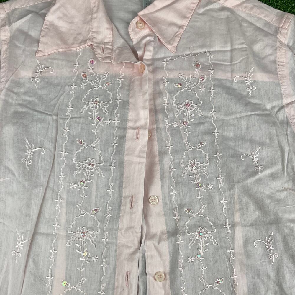 Lavender Star Pink Embroidered Long Sleeve Boho Sheer Button Up Shirt Sz L - Picture 3 of 6